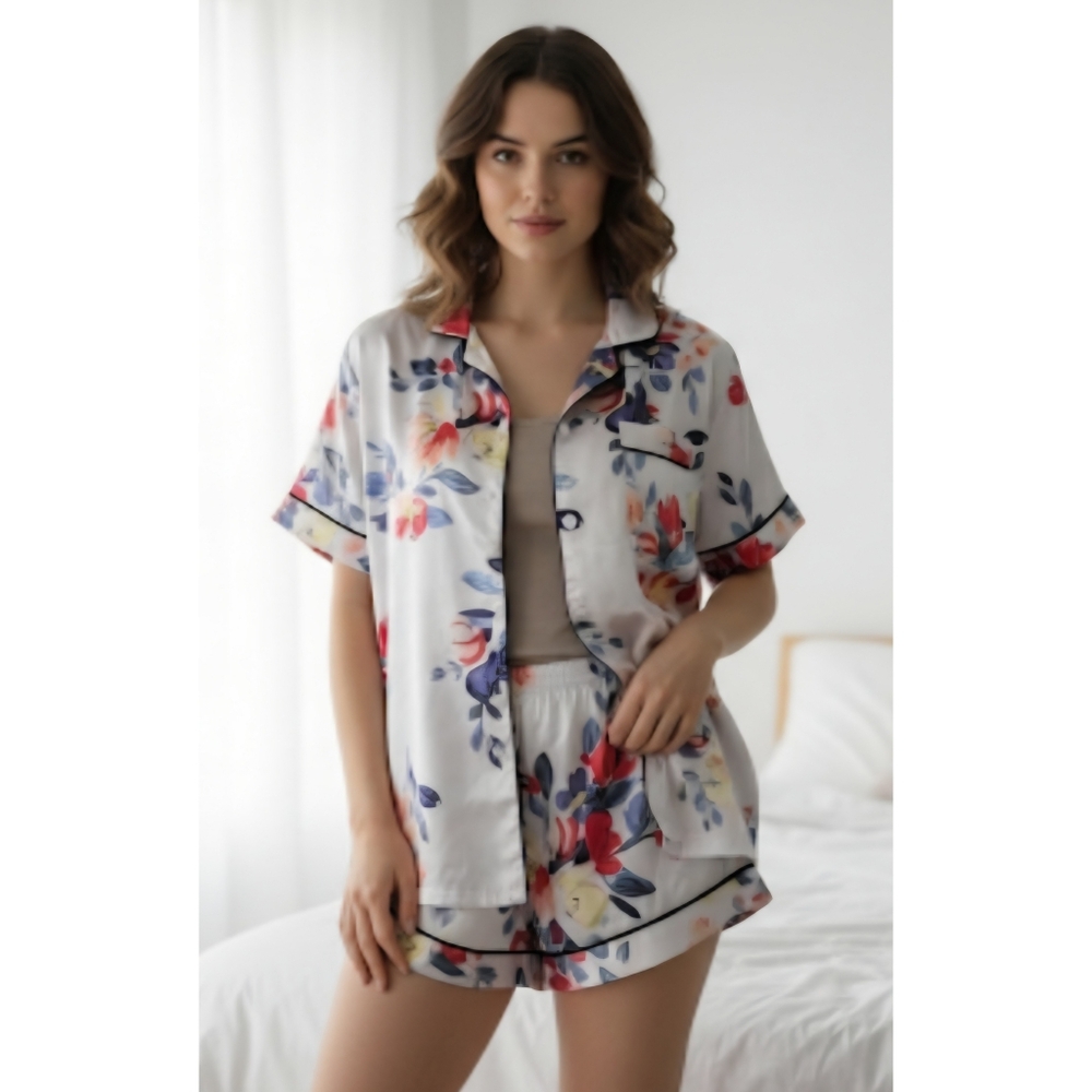 Silky Floral Pj Set Silver Size S